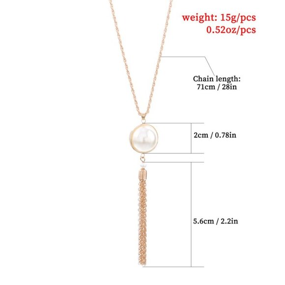 3/$35 Long Lariat Gold Chain Necklace with Large Pearl Pendant and Tassel - Picture 5 of 9